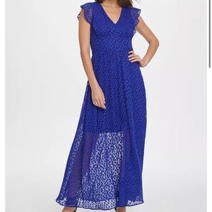 DKNY V-Neck Ruffle Cap Sleeve Maxi (Blue)